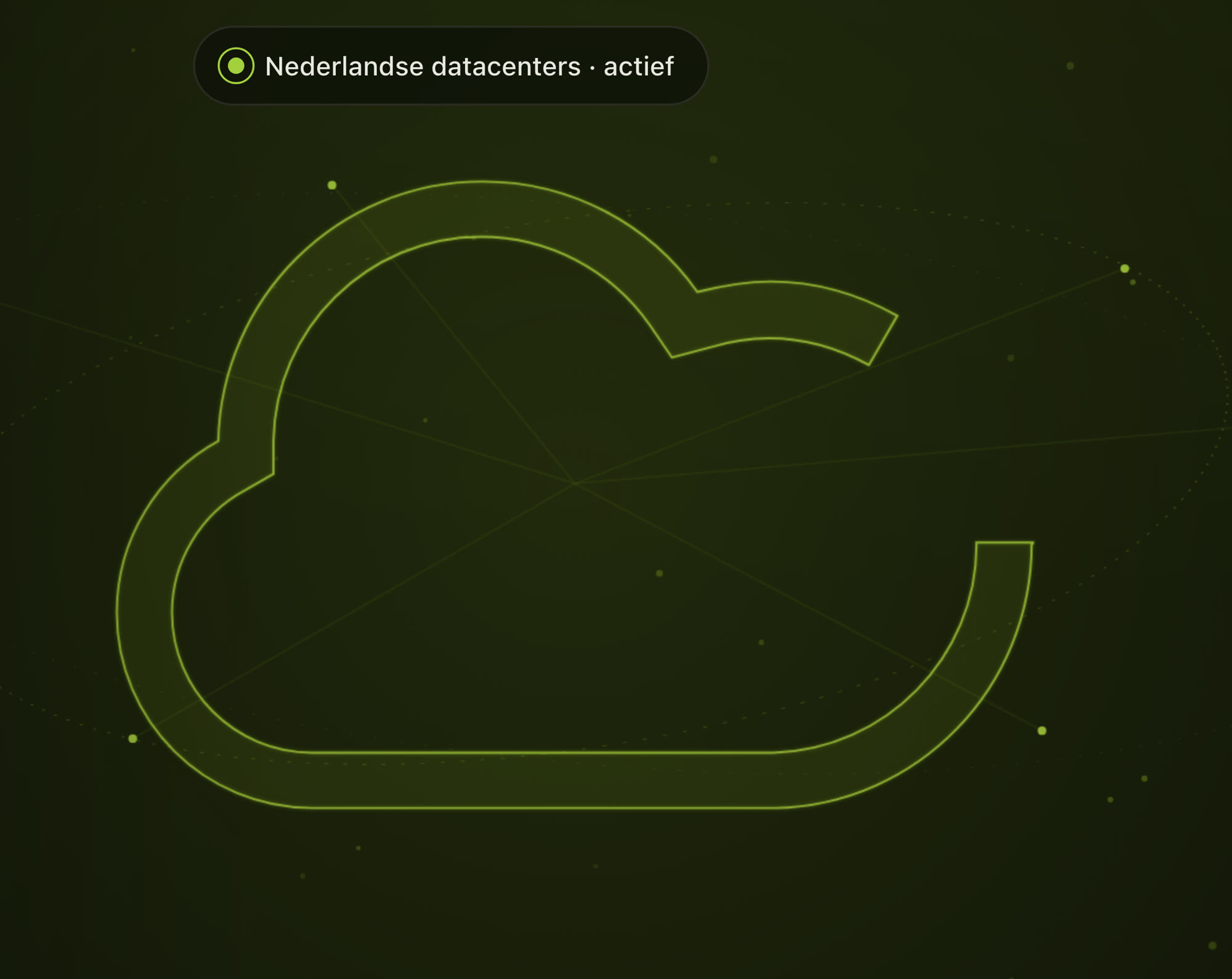 A cloud drawn in glowing green line art on near-black, ringed by a thin orbit of dots.