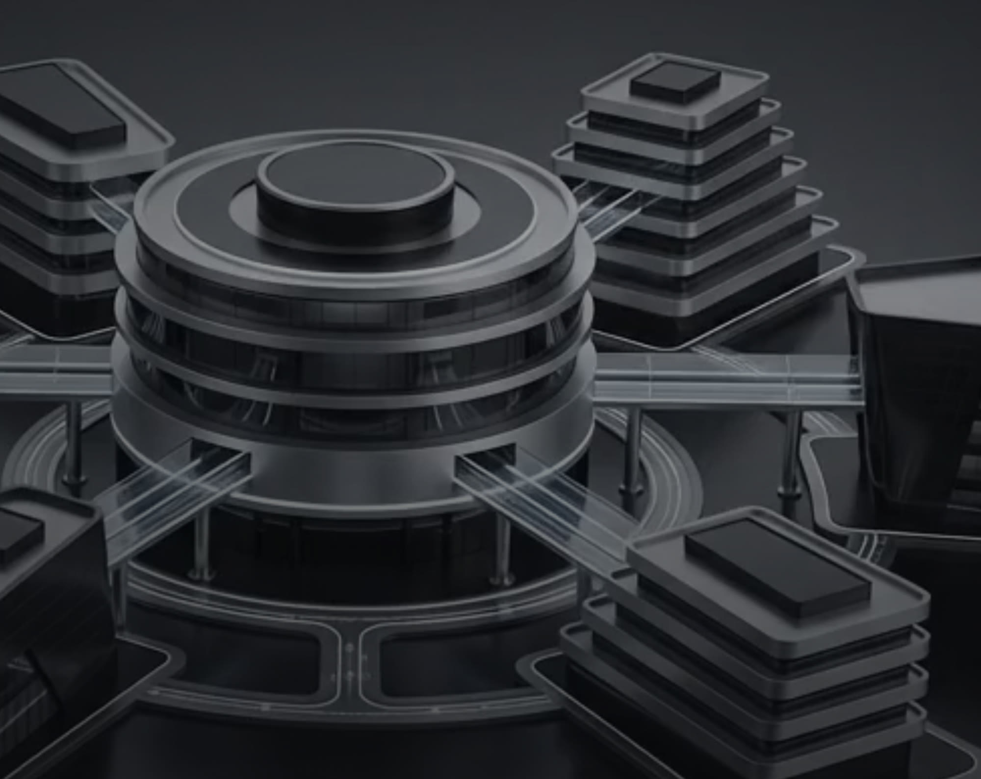 The Selus group rendered in 3D: one central hub with four connected buildings.