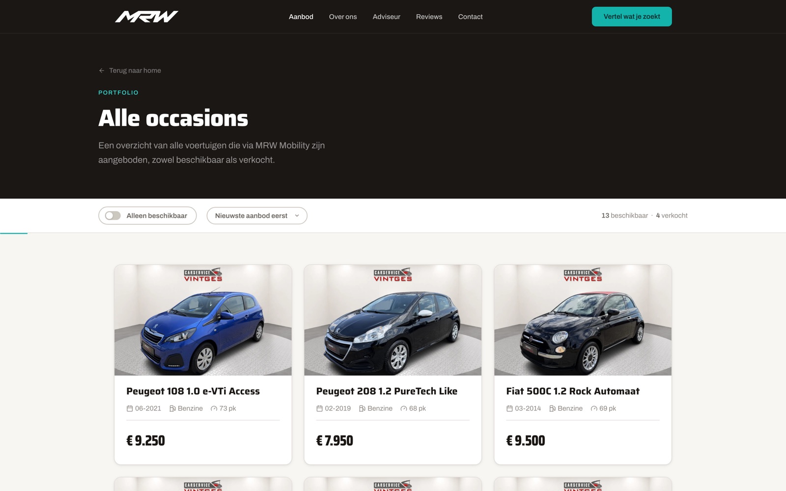 The stock page: a grid of vehicle cards with year, fuel, power and price.