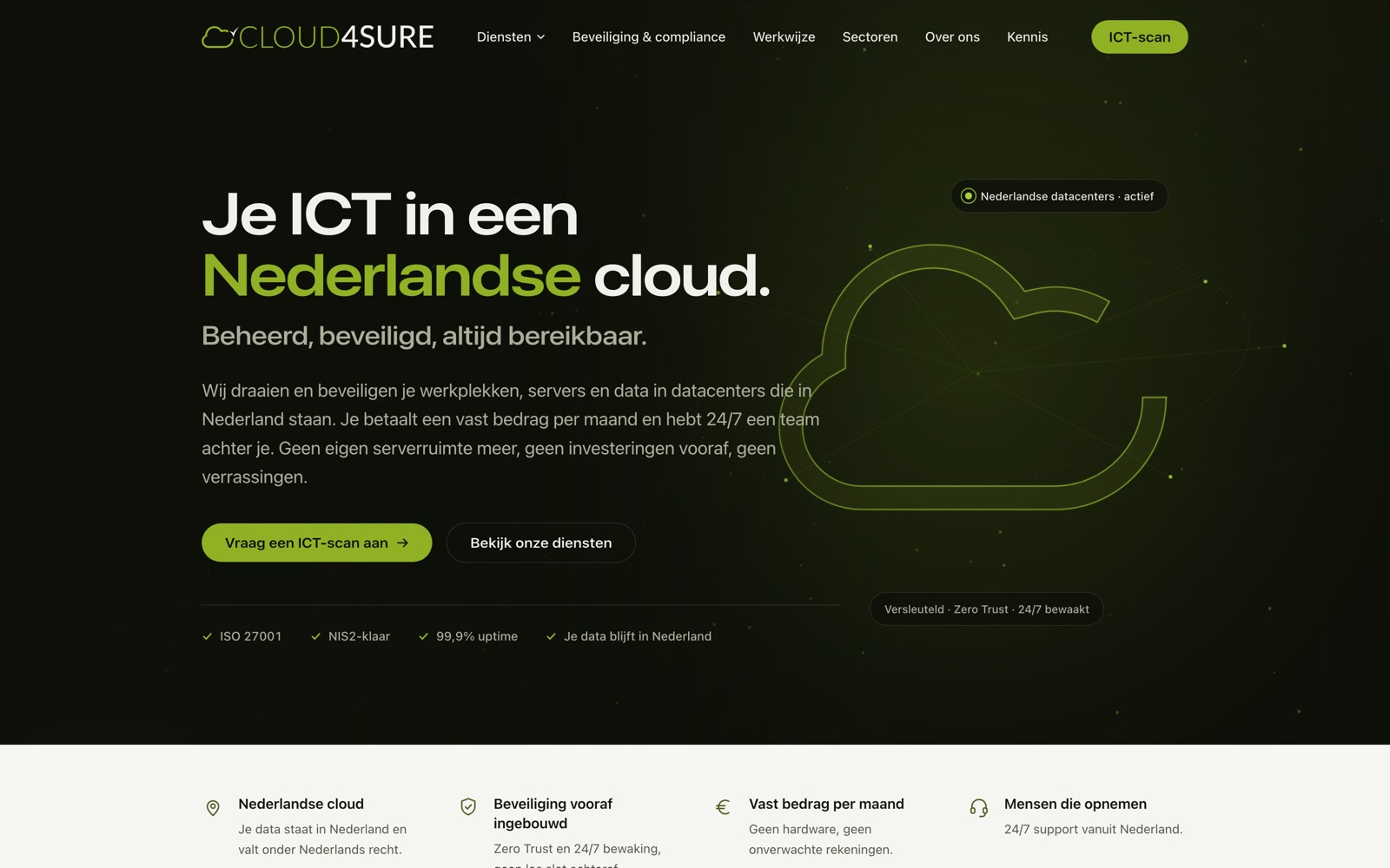 The homepage: a green line-art cloud on near-black beside the headline, with certification marks underneath.