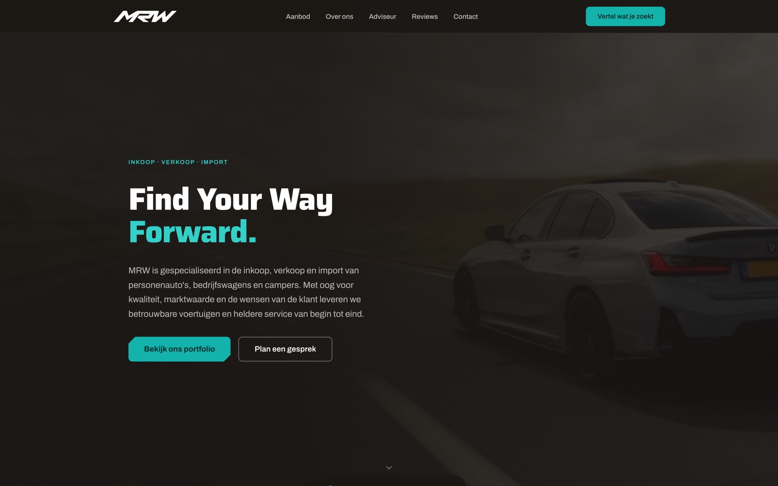 The MRW Mobility homepage: a car on an open road behind the headline Find Your Way Forward.