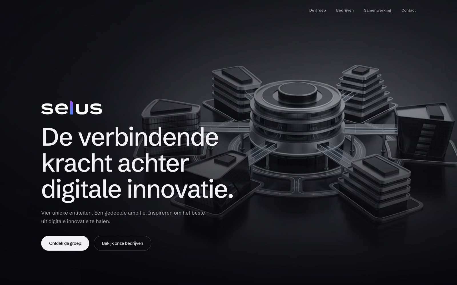 The homepage: a 3D render of one central hub with four connected buildings, behind the headline.