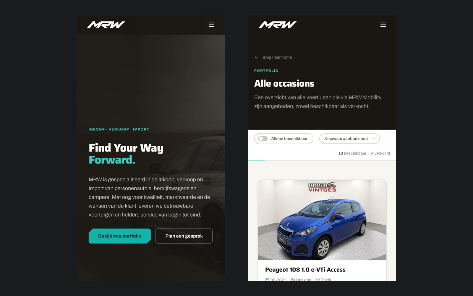 Two phone screens side by side: the homepage and the stock page.