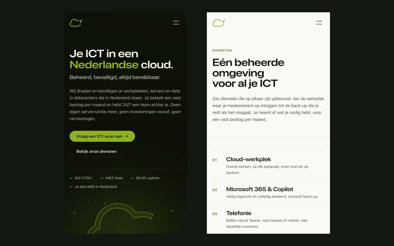 Two phone screens side by side: the dark homepage and the light services page.
